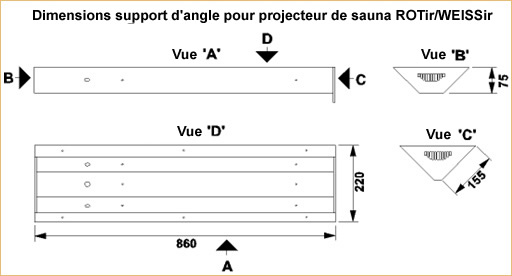 Dimensions support d'angle pour projecteur de sauna ROTir/WEISSir